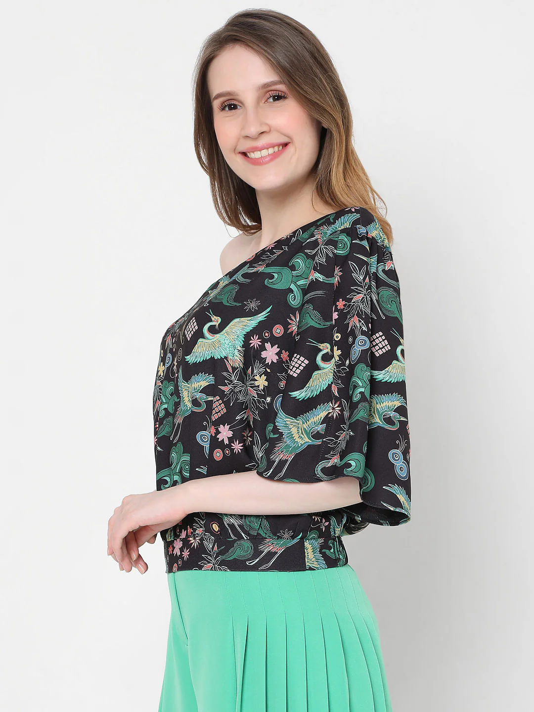 Black Japanese Inspired Print One Shoulder Top - Image 3