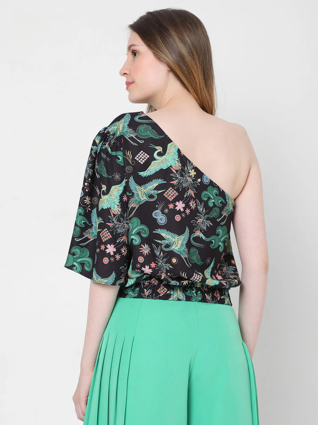 Black Japanese Inspired Print One Shoulder Top - Image 4