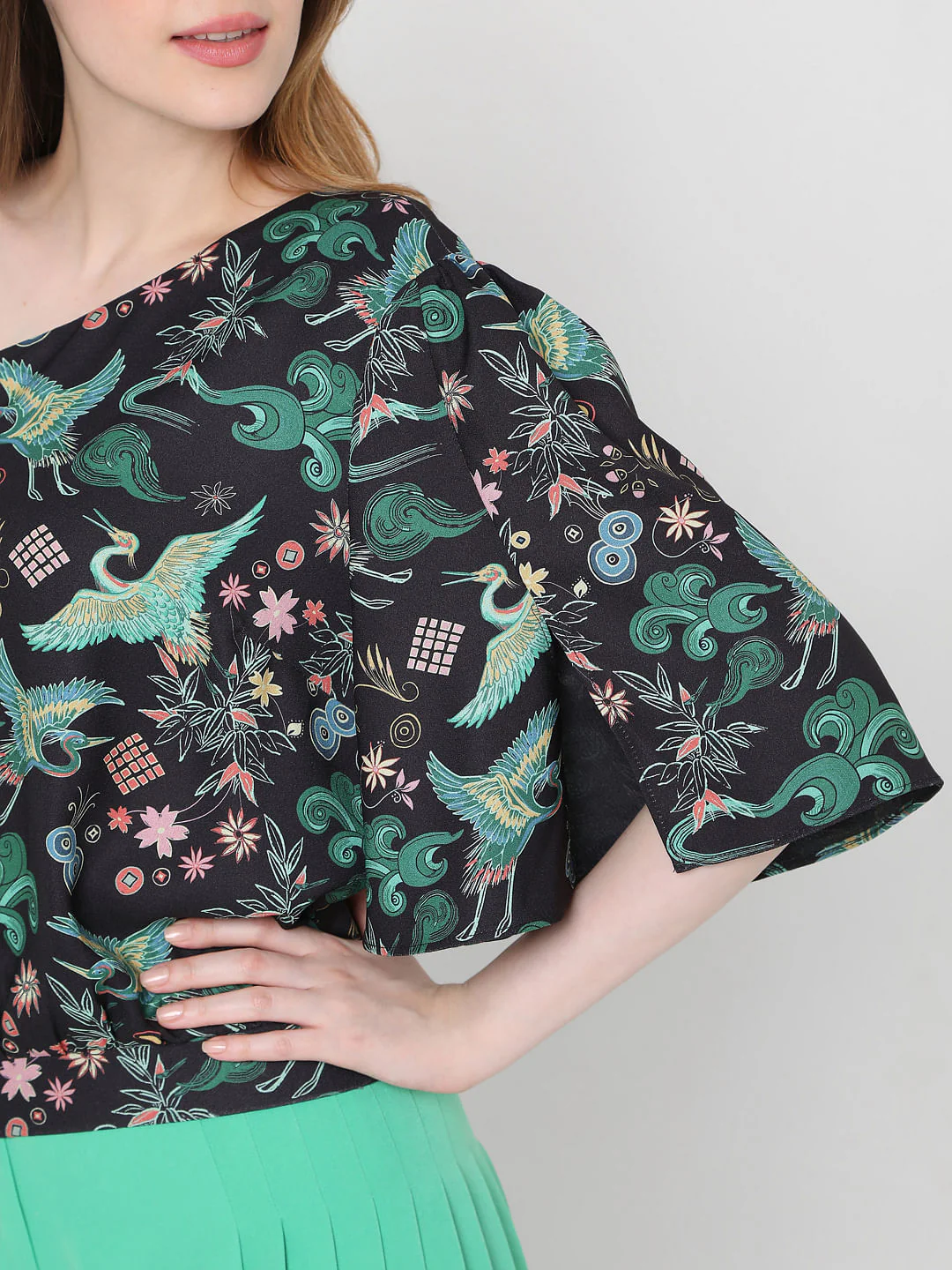 Black Japanese Inspired Print One Shoulder Top - Image 6