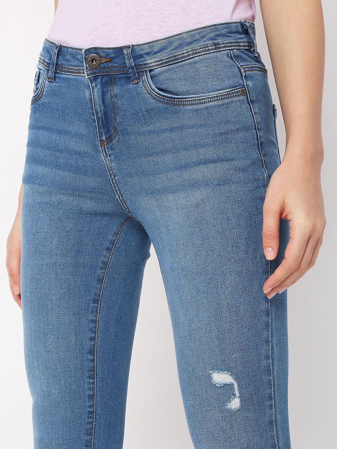 Blue Mid Rise Distressed Wendy Skinny Jeans - Image 4