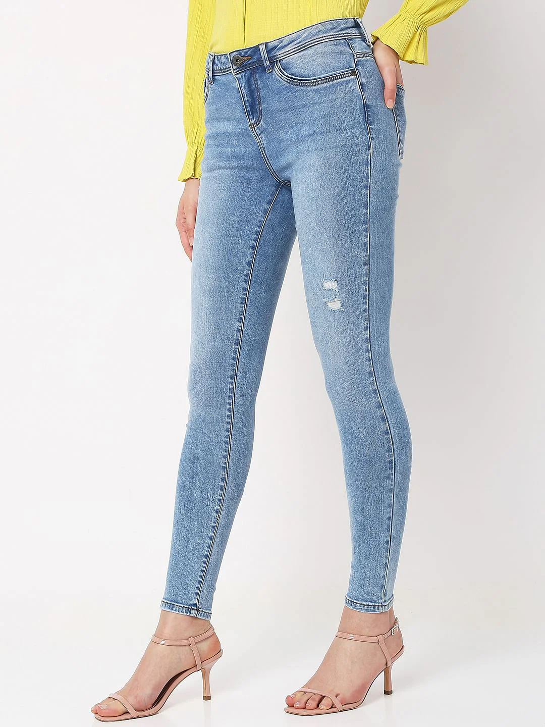 Light Blue Mid Rise Distressed Wendy Skinny Jeans - Image 2