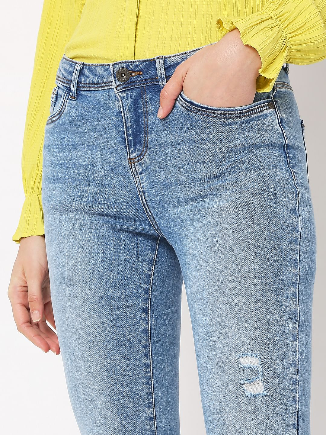 Light Blue Mid Rise Distressed Wendy Skinny Jeans - Image 4