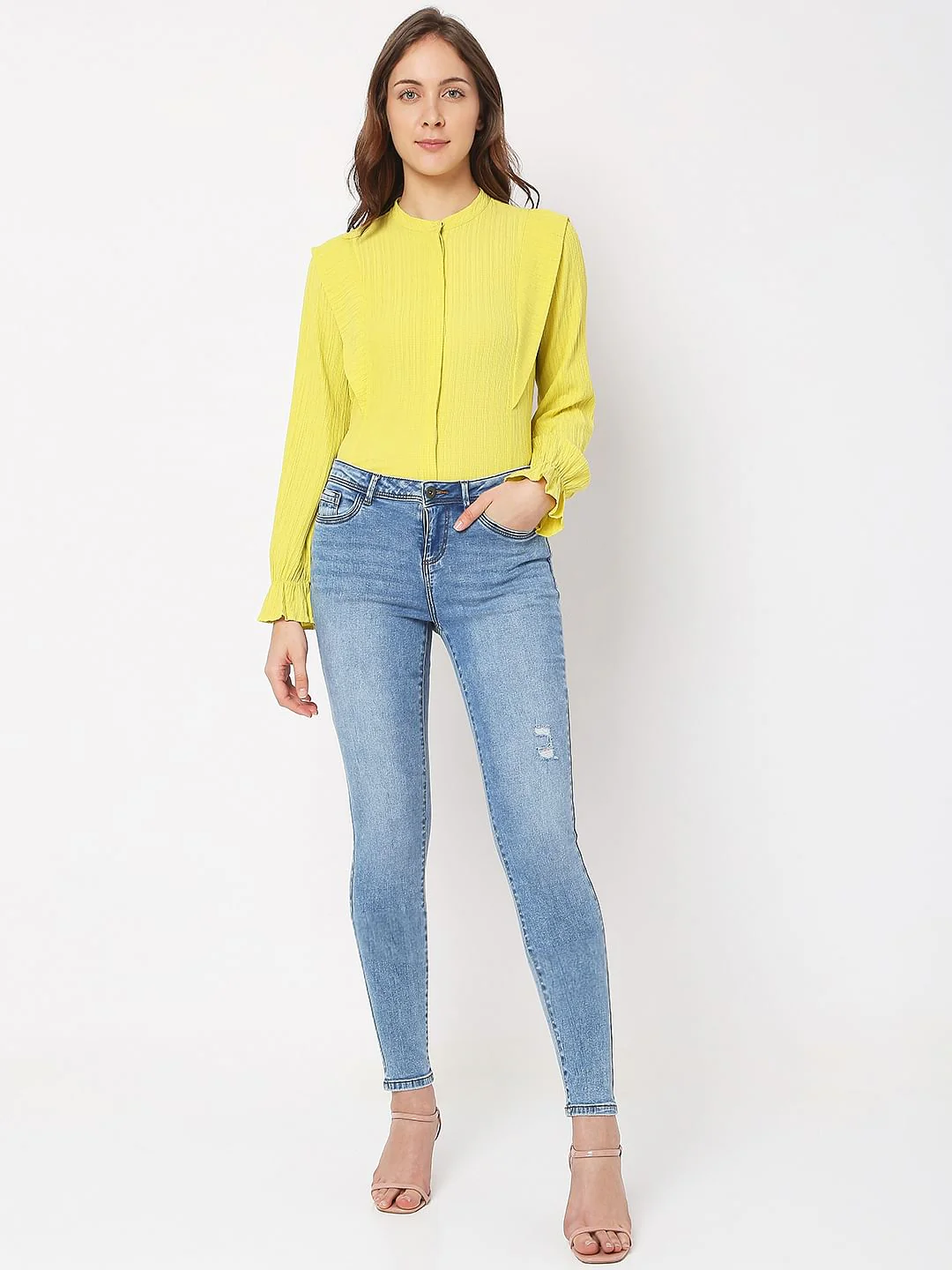 Light Blue Mid Rise Distressed Wendy Skinny Jeans - Image 5