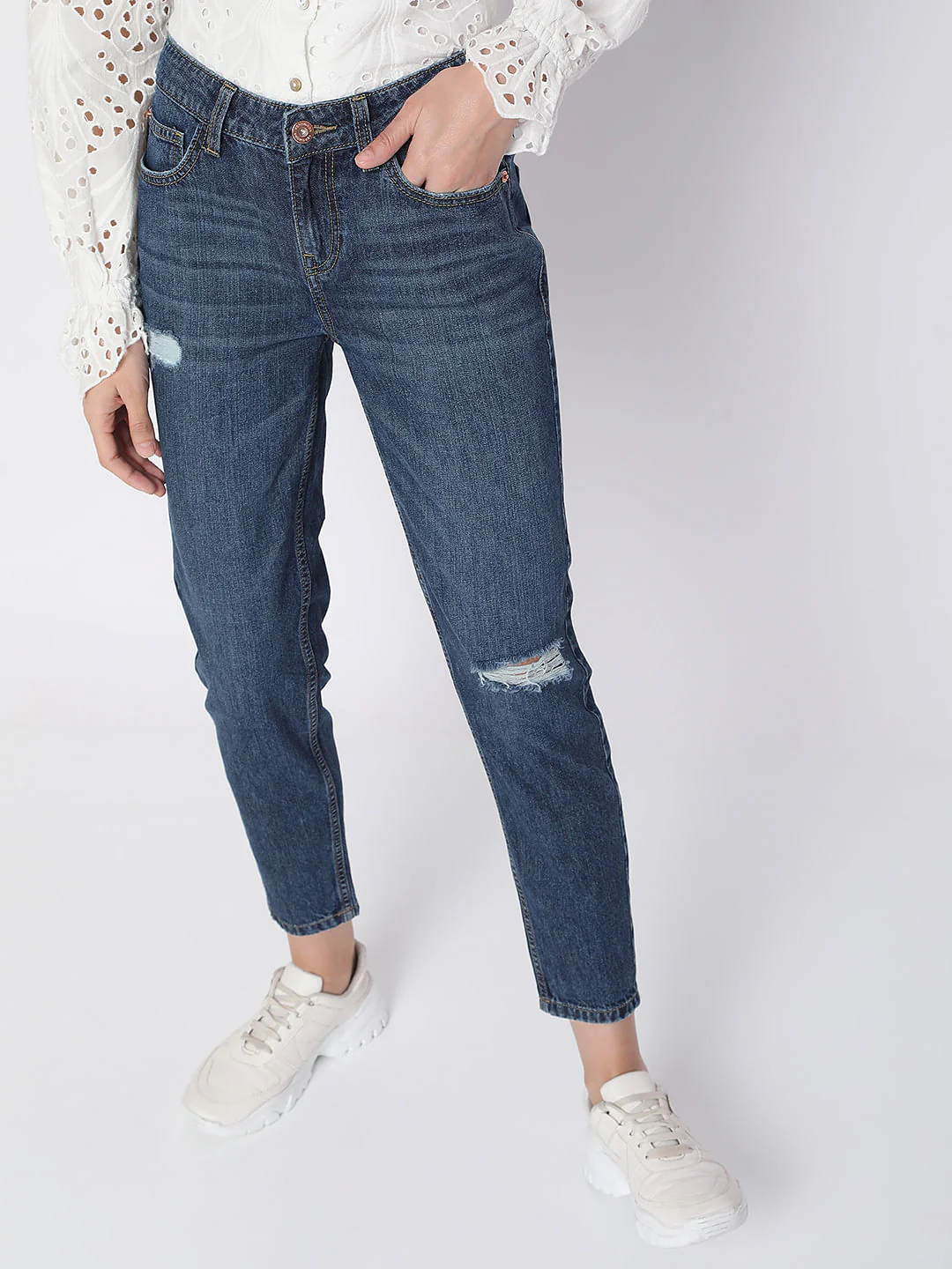 Blue Mid Rise Distressed Jade Straight Fit Jeans - Image 2