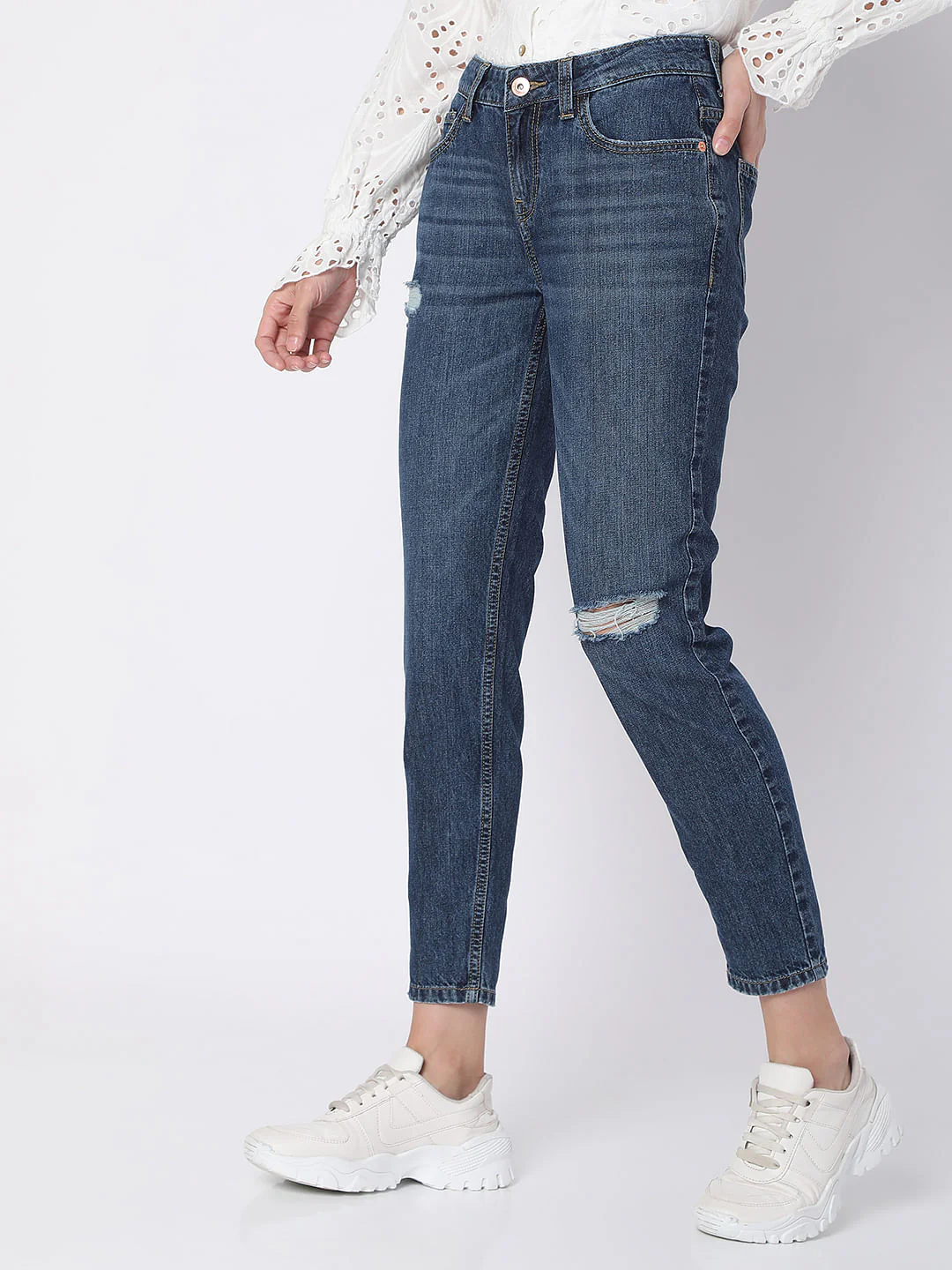 Blue Mid Rise Distressed Jade Straight Fit Jeans - Image 3