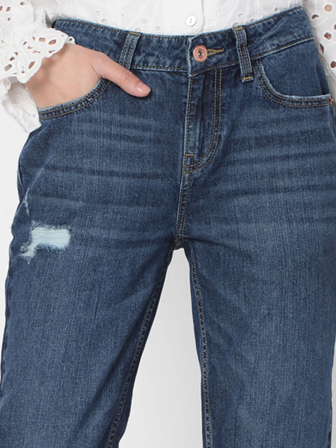 Blue Mid Rise Distressed Jade Straight Fit Jeans - Image 5