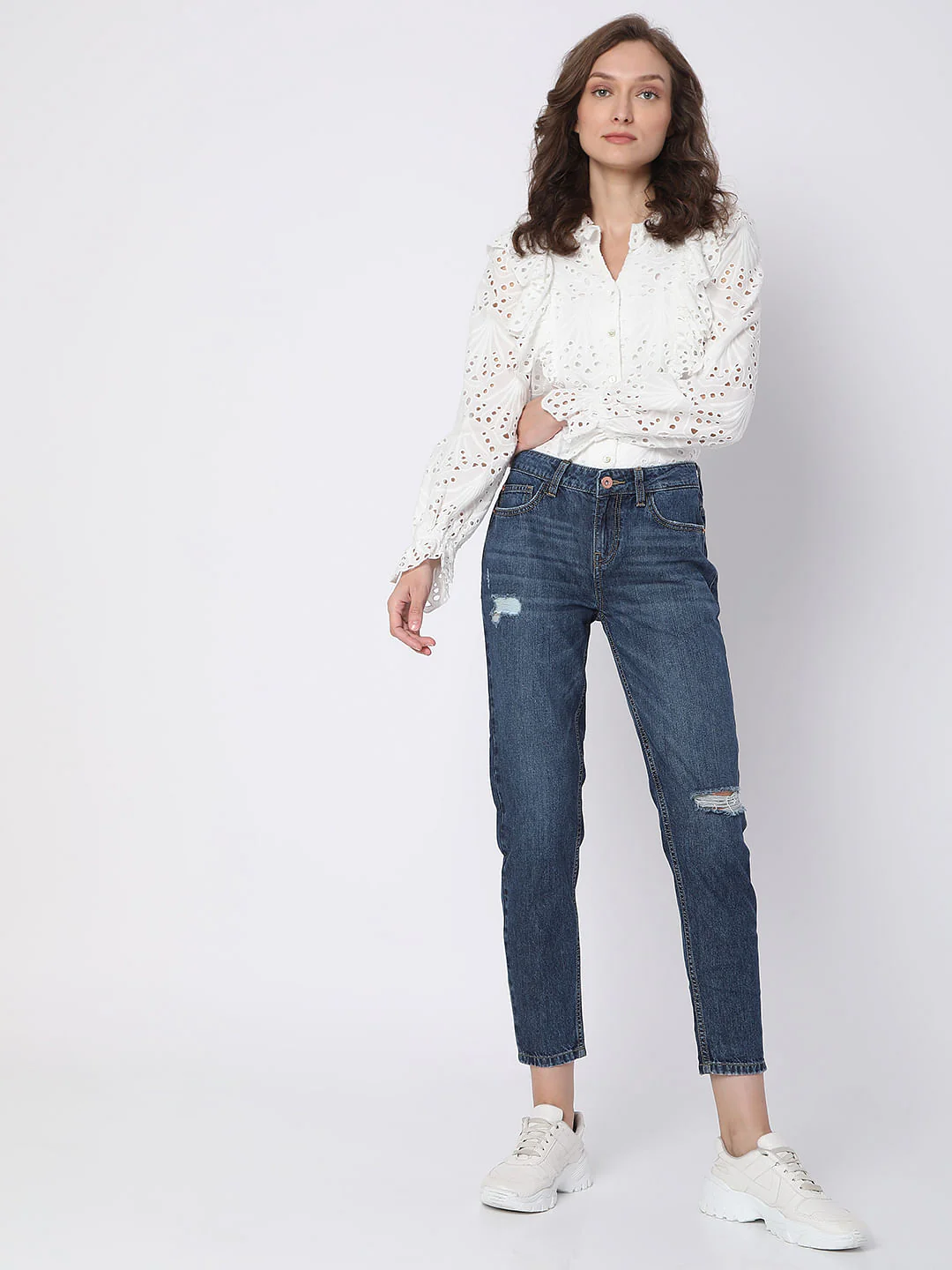Blue Mid Rise Distressed Jade Straight Fit Jeans - Image 6