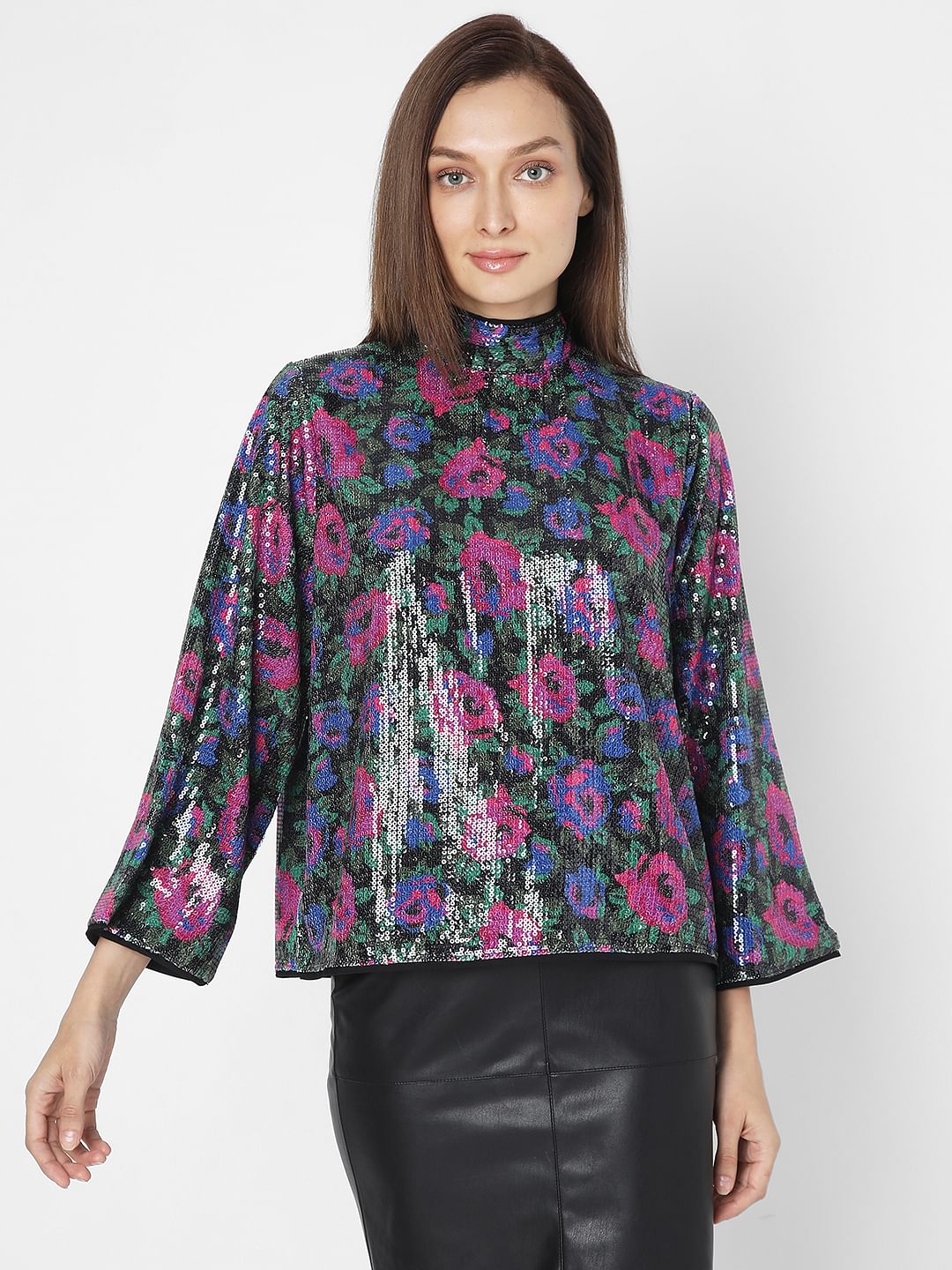 Black Floral Sequin Detail Top - Image 2