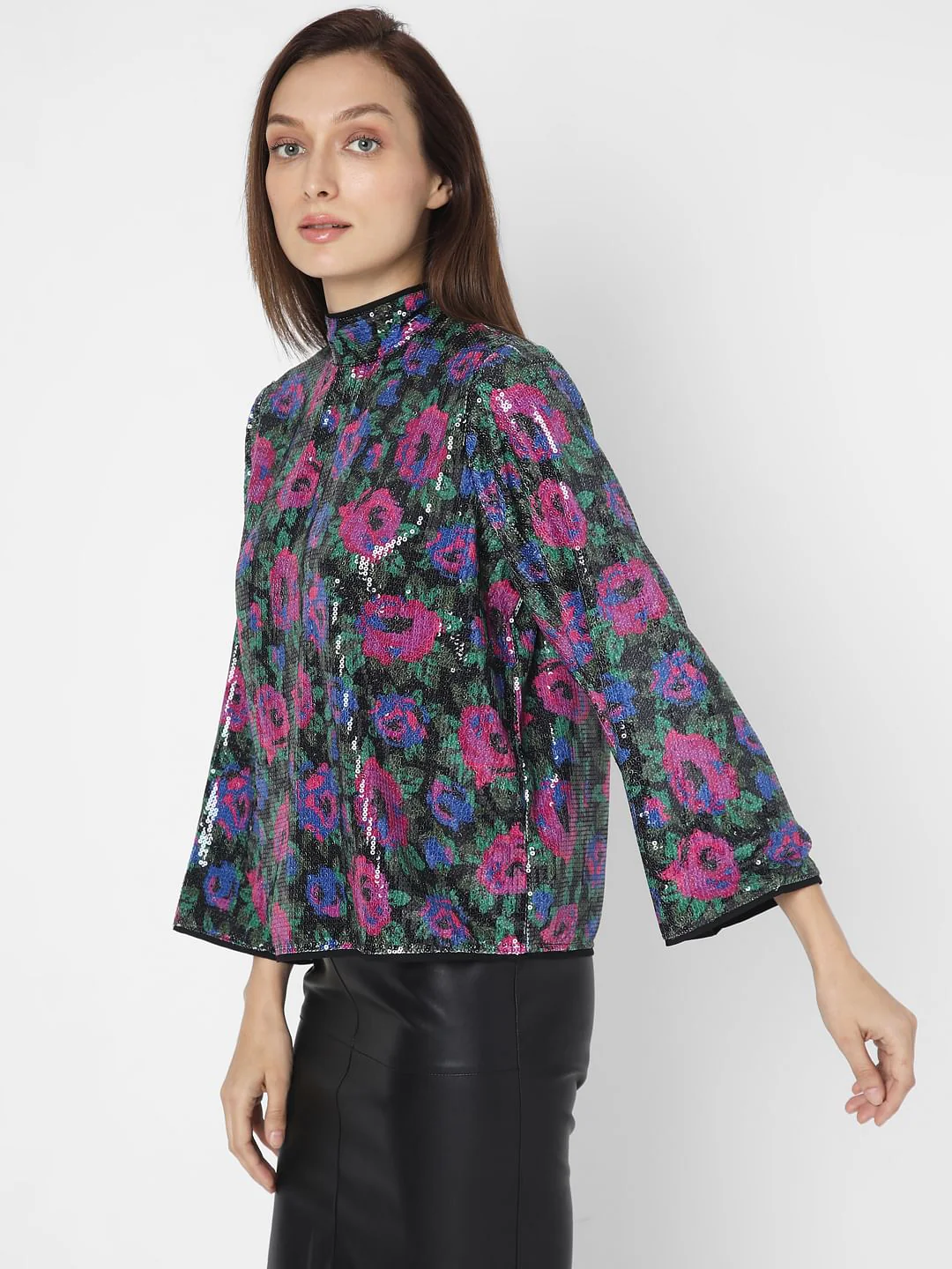 Black Floral Sequin Detail Top - Image 3