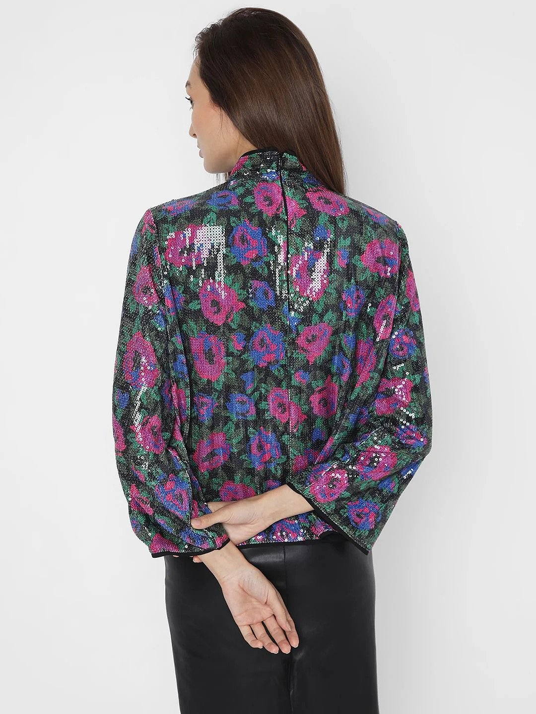 Black Floral Sequin Detail Top - Image 4