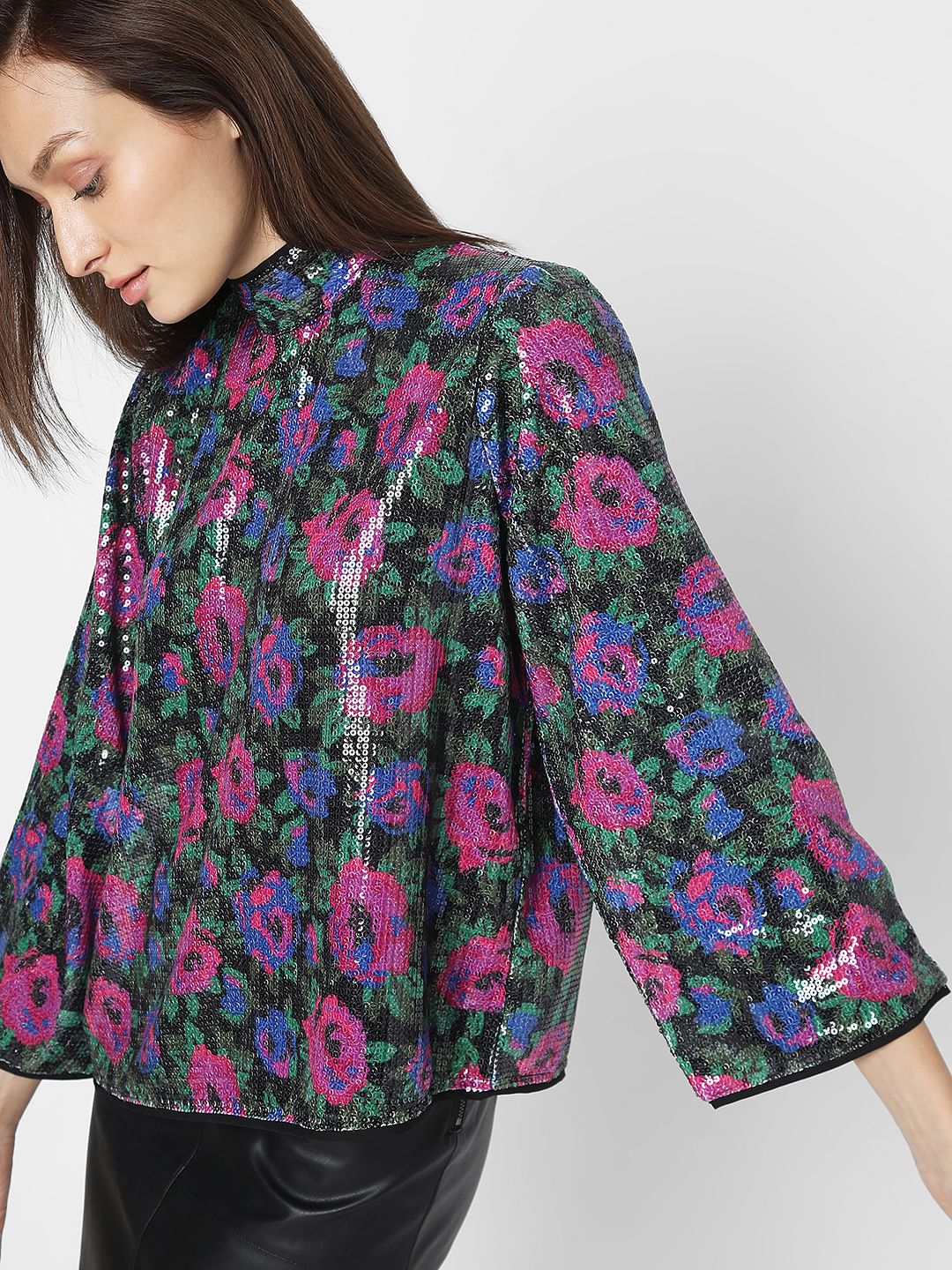 Black Floral Sequin Detail Top - Image 6