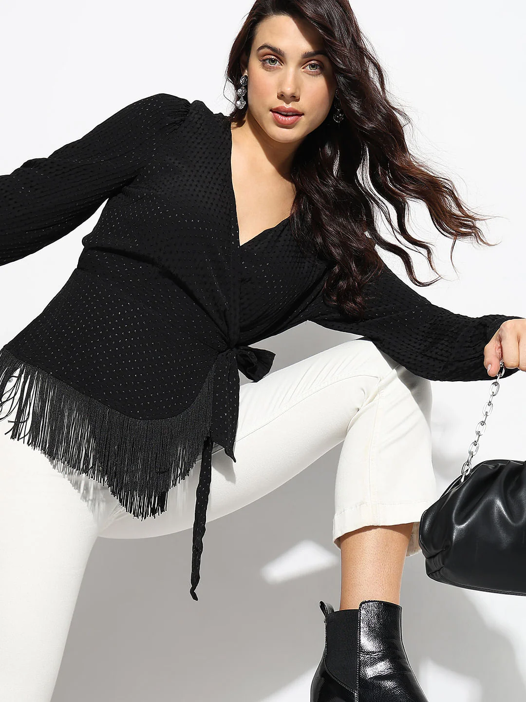 Black Fringe Detail Wrap Top