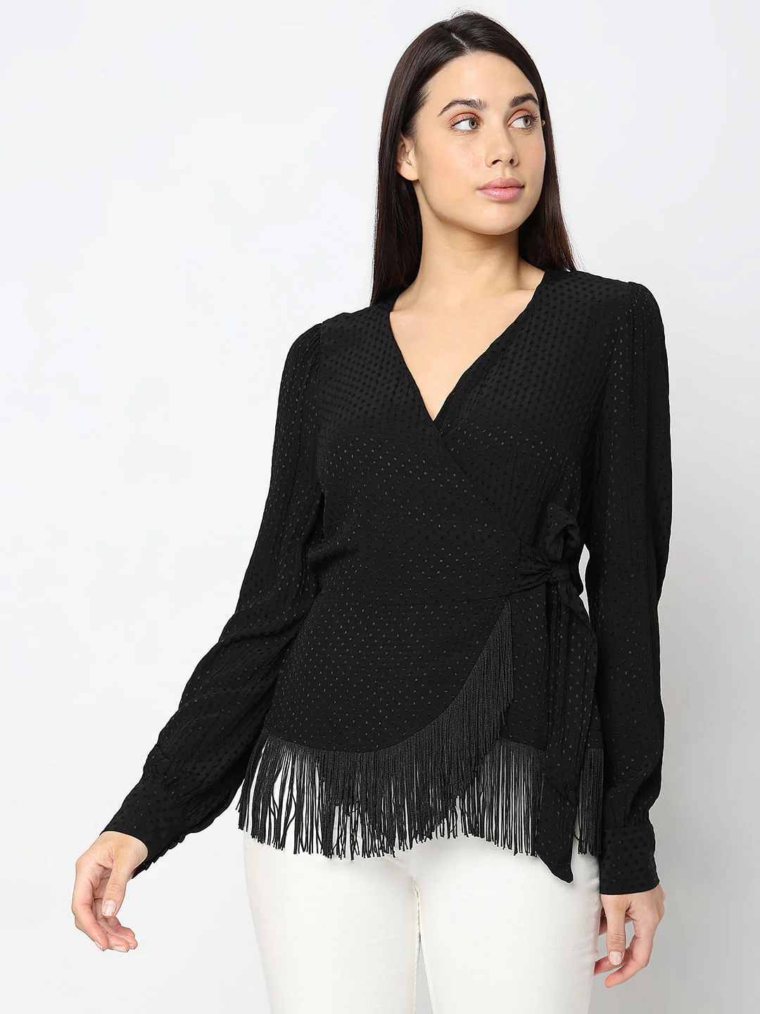 Black Fringe Detail Wrap Top - Image 2