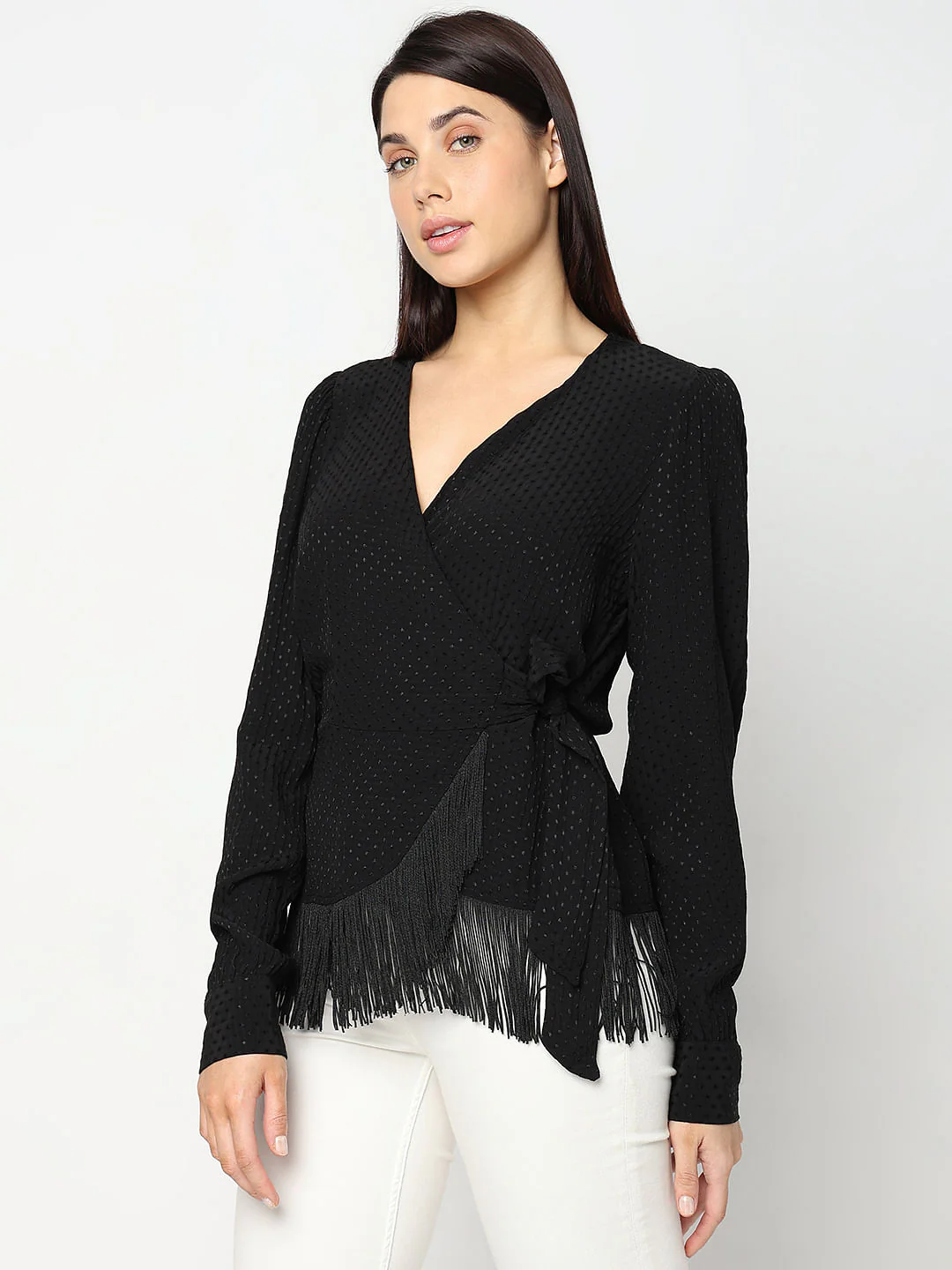 Black Fringe Detail Wrap Top - Image 3
