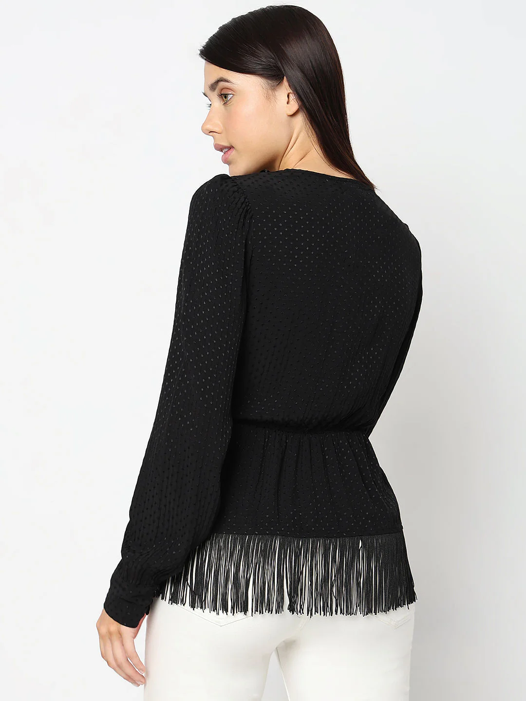 Black Fringe Detail Wrap Top - Image 4