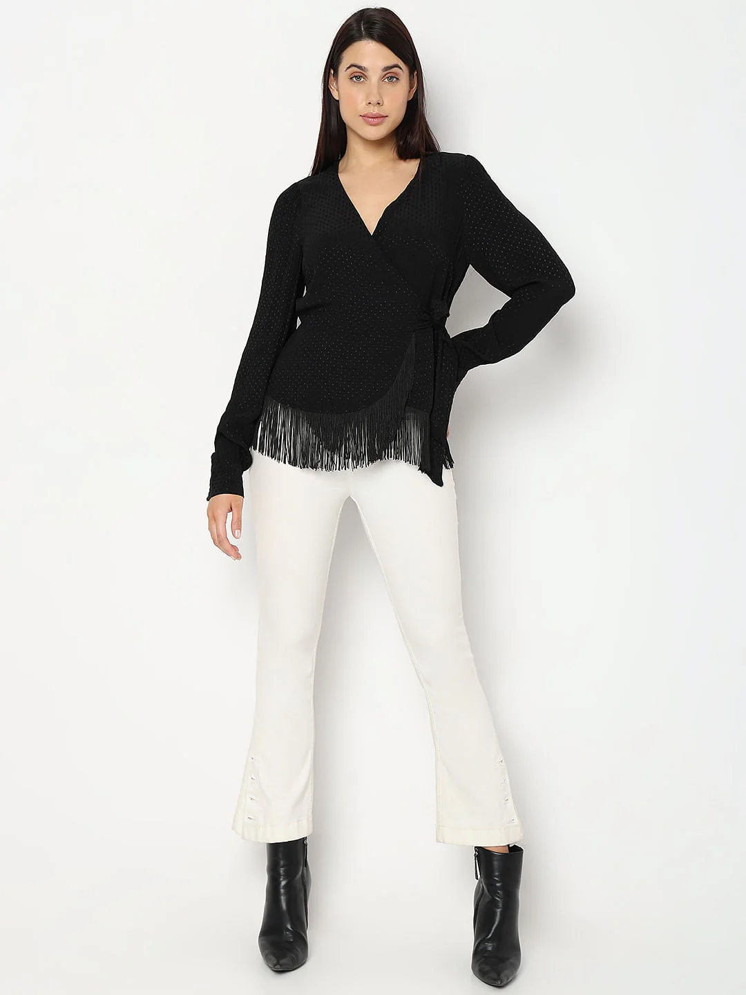 Black Fringe Detail Wrap Top - Image 5