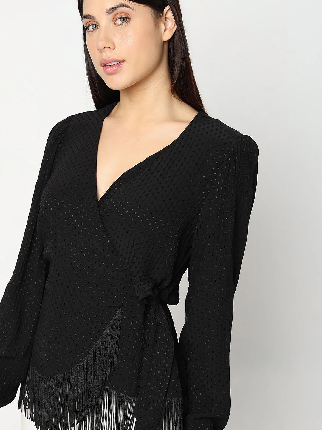 Black Fringe Detail Wrap Top - Image 6