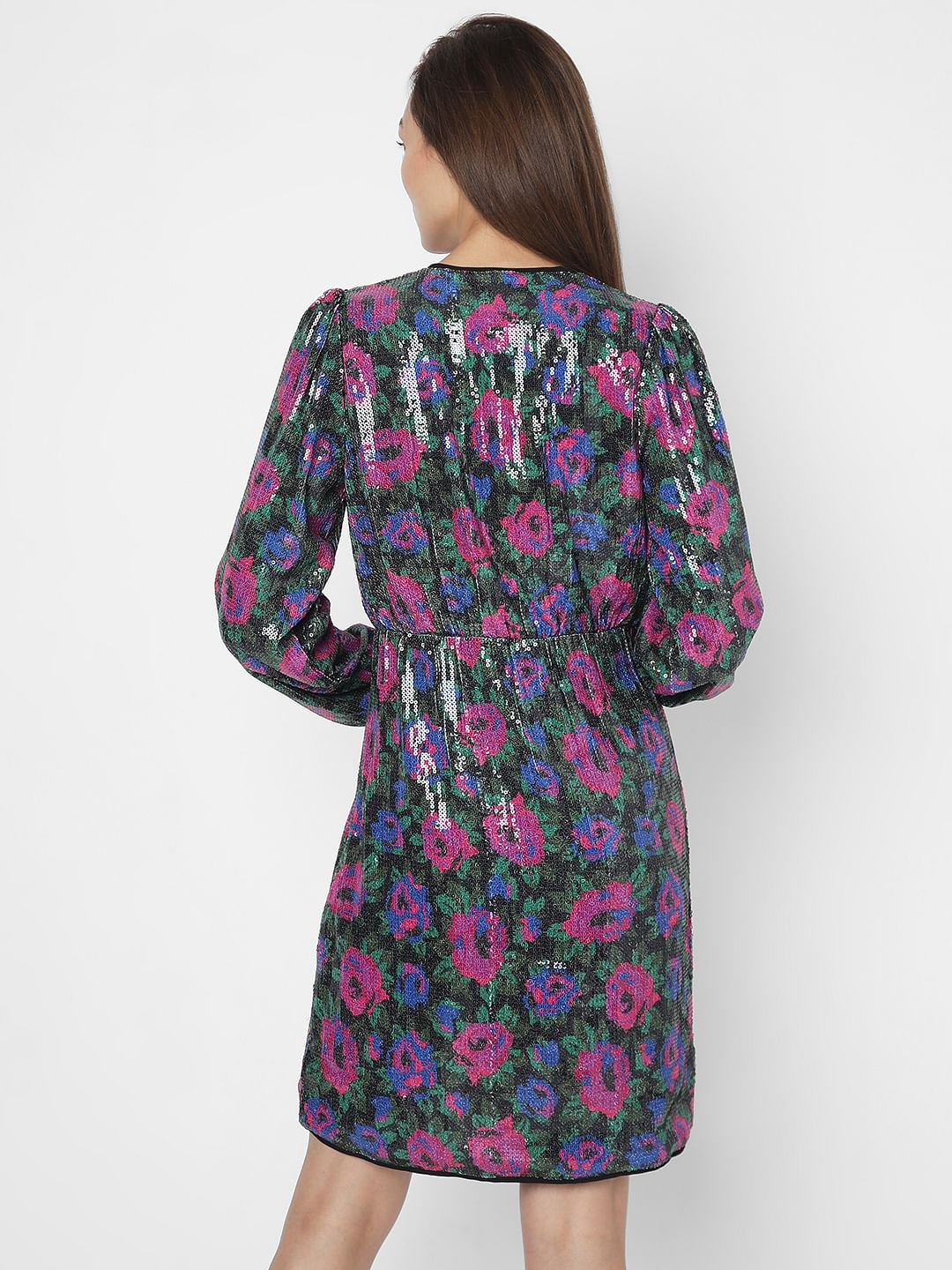 Black Floral Sequin Detail Dress - Image 4