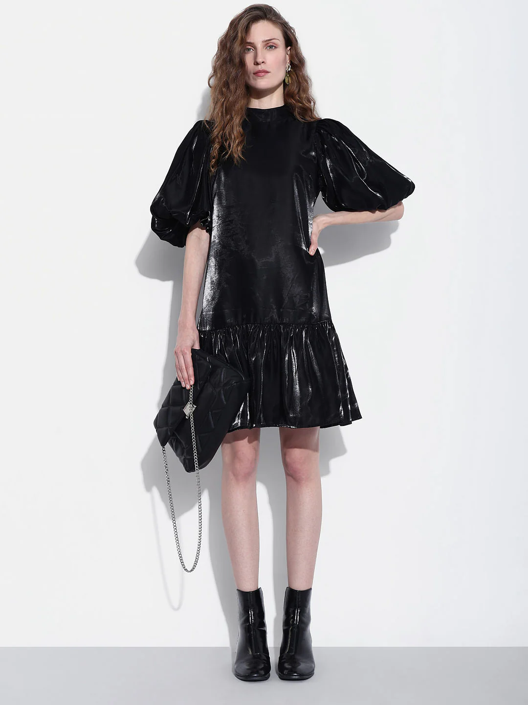 Black Flared Puff Sleeves Dress