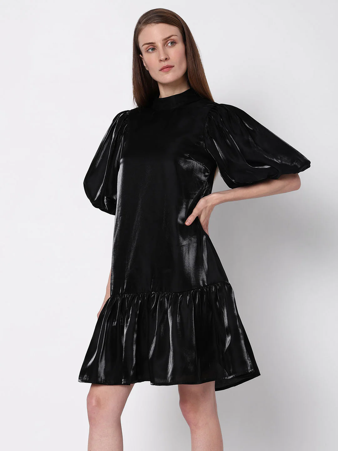 Black Flared Puff Sleeves Dress - Image 3