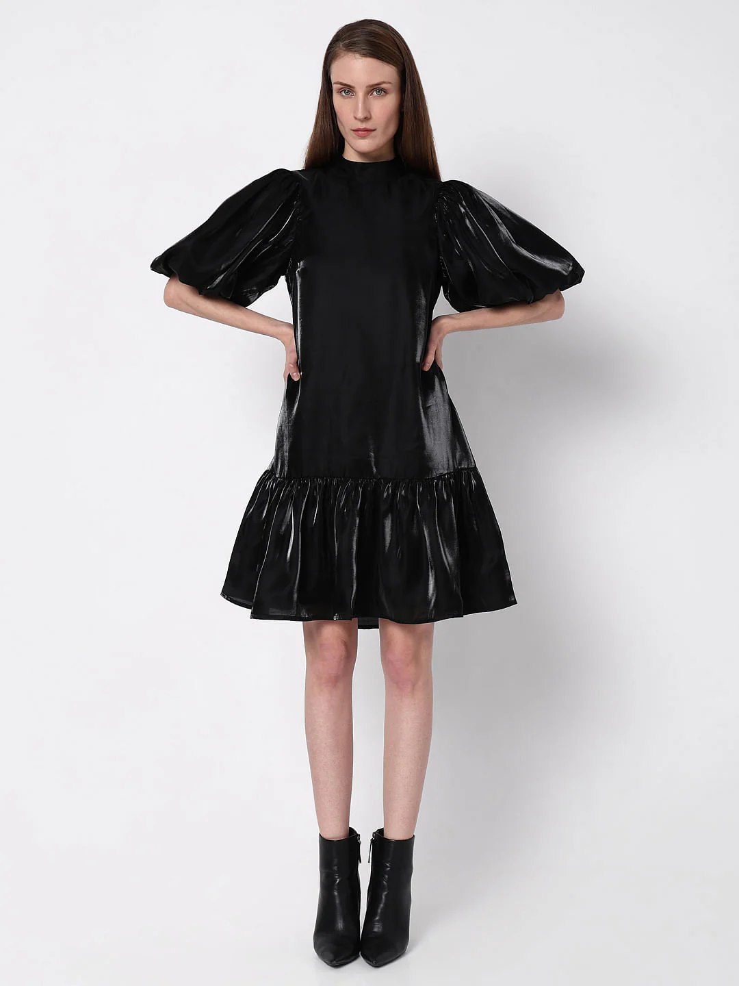 Black Flared Puff Sleeves Dress - Image 5