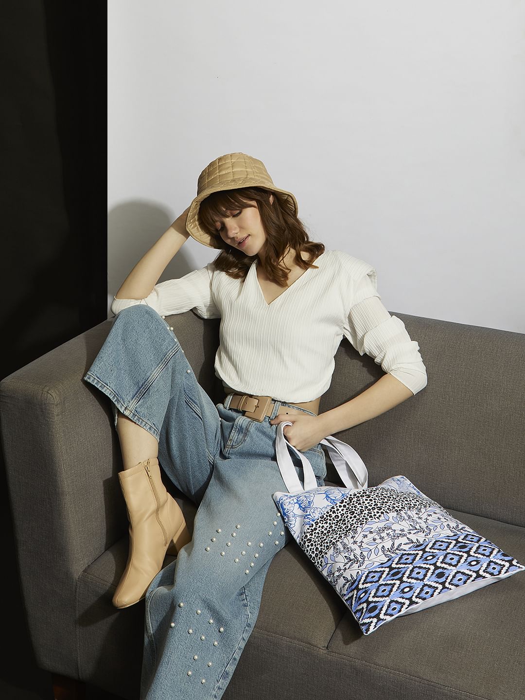 White Colourblocked Tote Bag