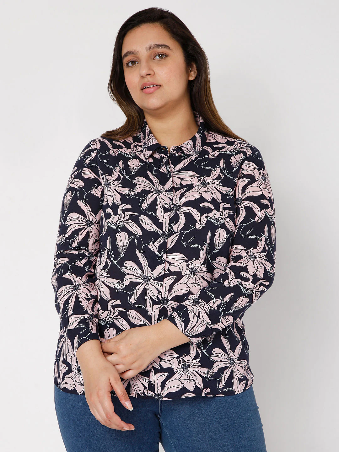 Curve Navy Blue Floral Print Shirt - Image 2