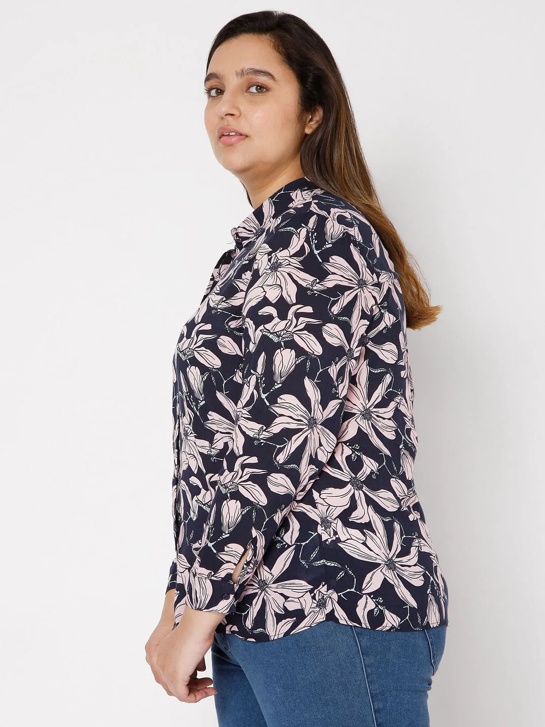 Curve Navy Blue Floral Print Shirt - Image 3