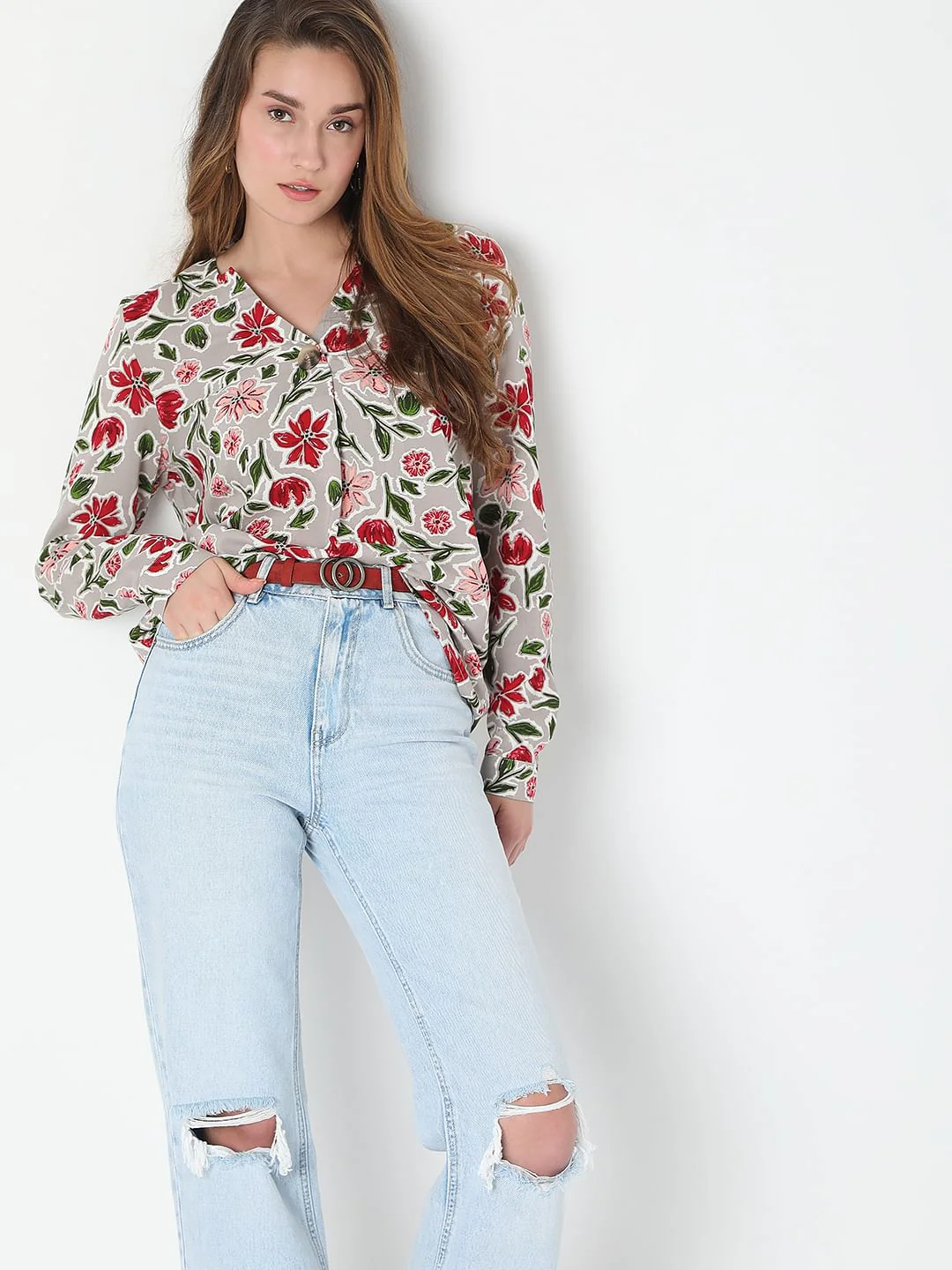 Ash Grey Floral Print Top