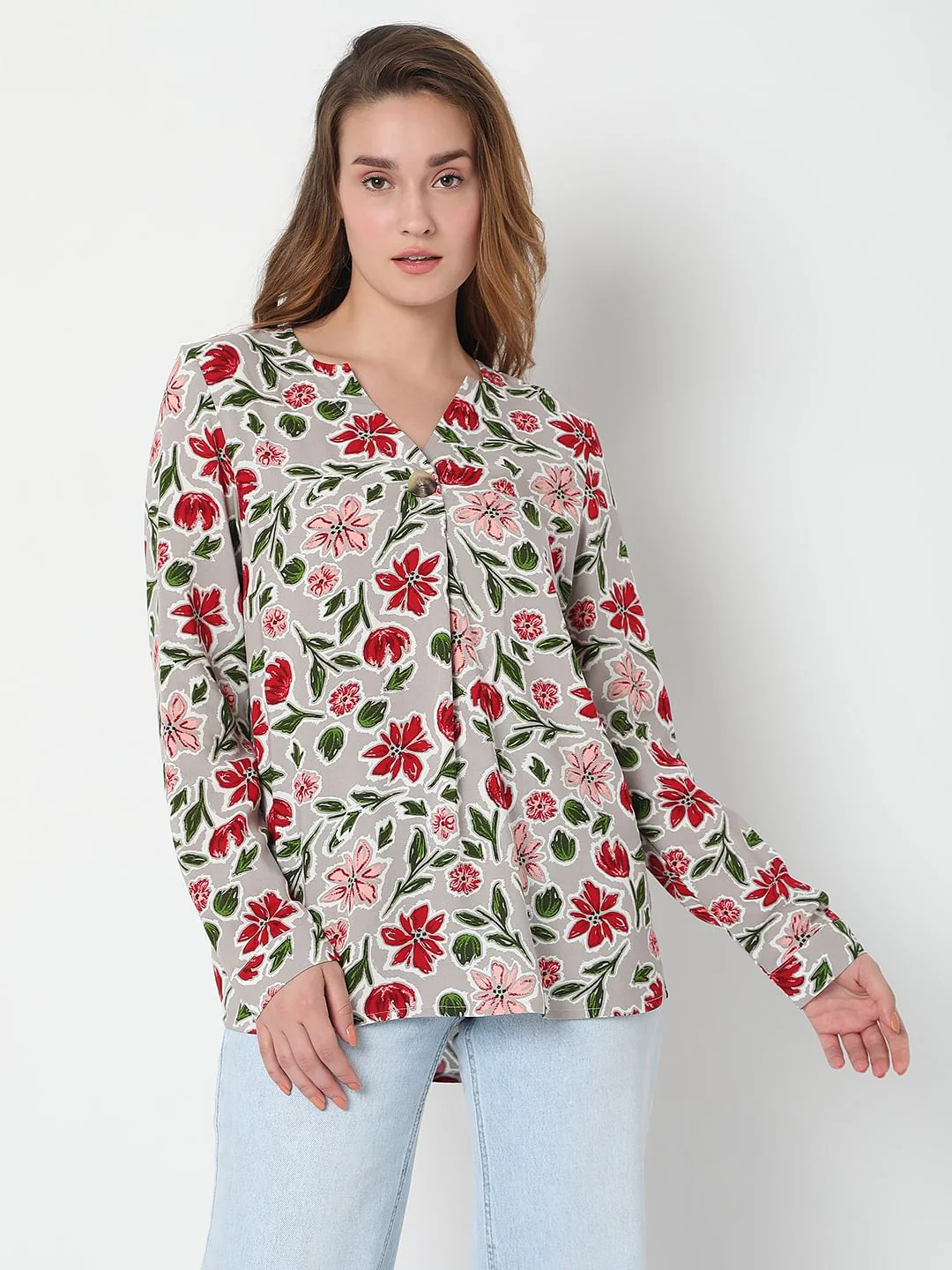 Ash Grey Floral Print Top - Image 2