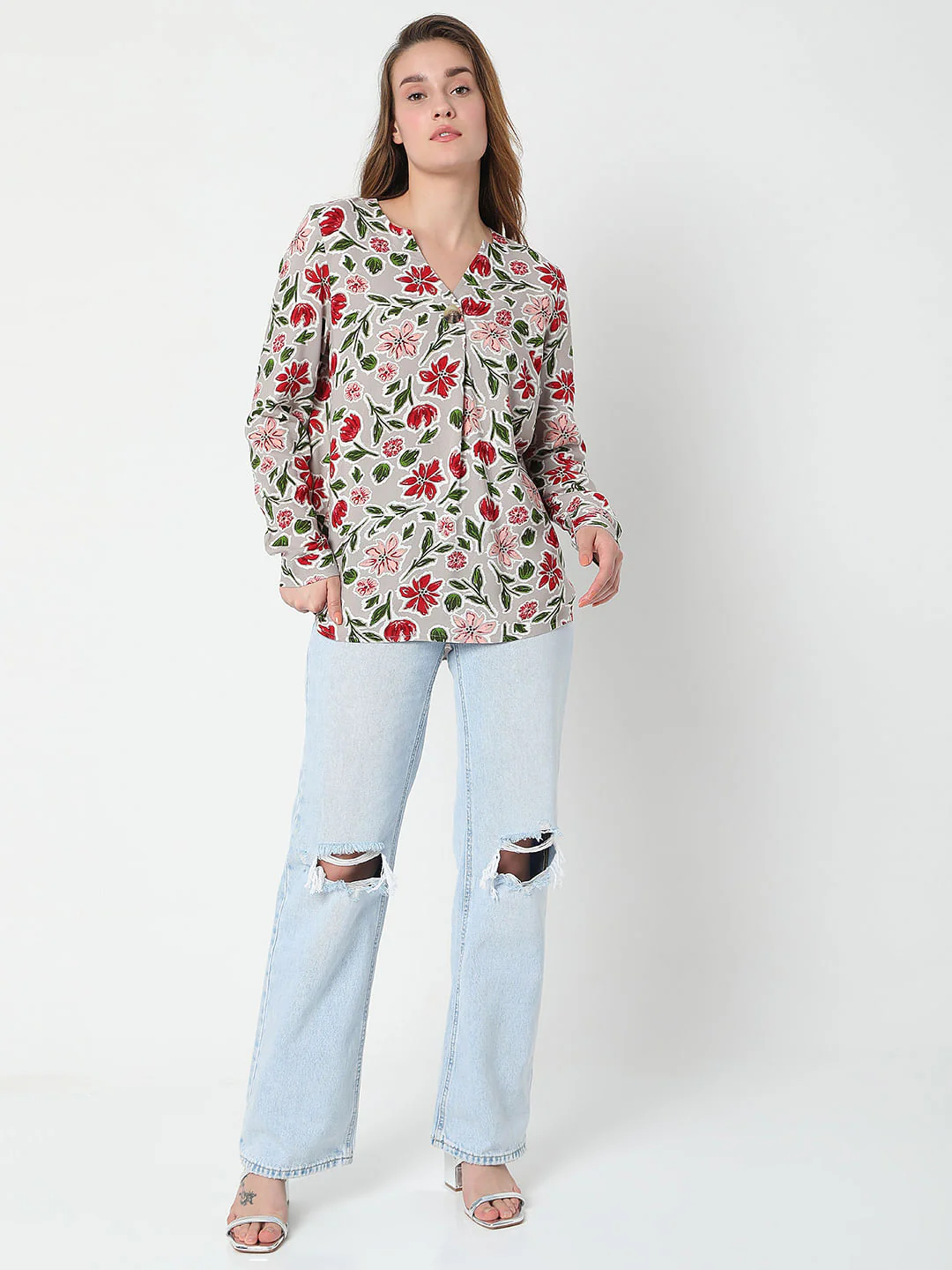 Ash Grey Floral Print Top - Image 5