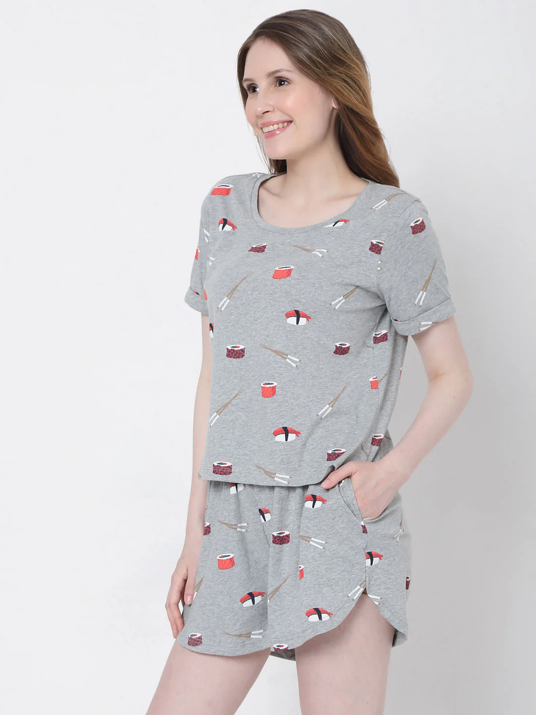 Grey Sushi Print Shorts & T-Shirt Set - Image 3