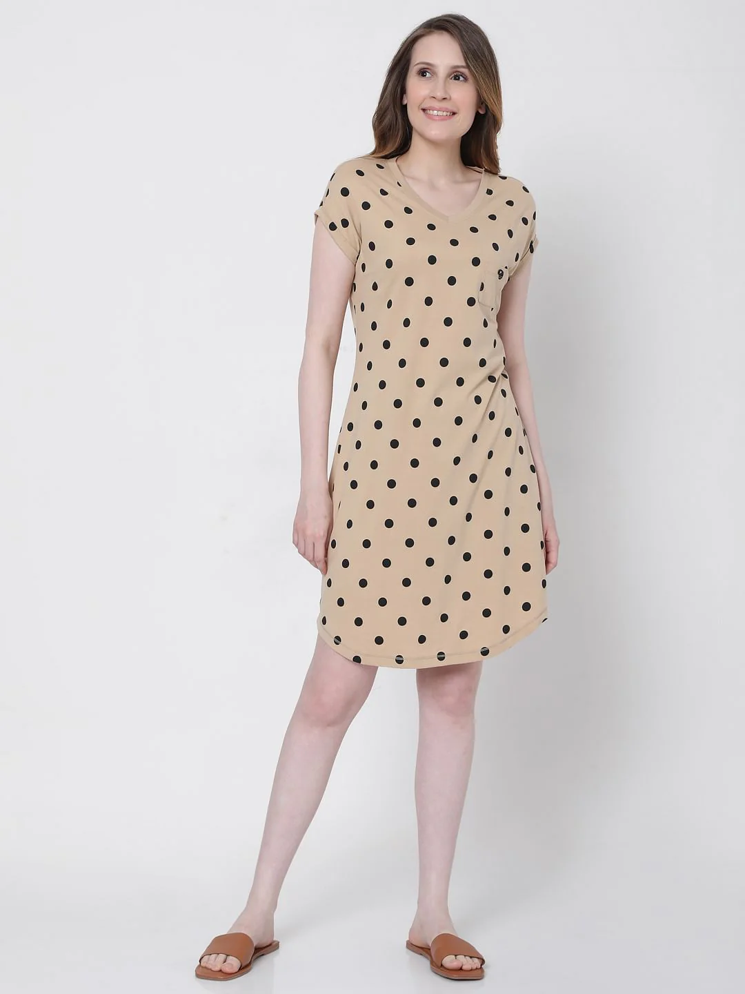 Beige Polka Dot Nightwear Dress - Image 5