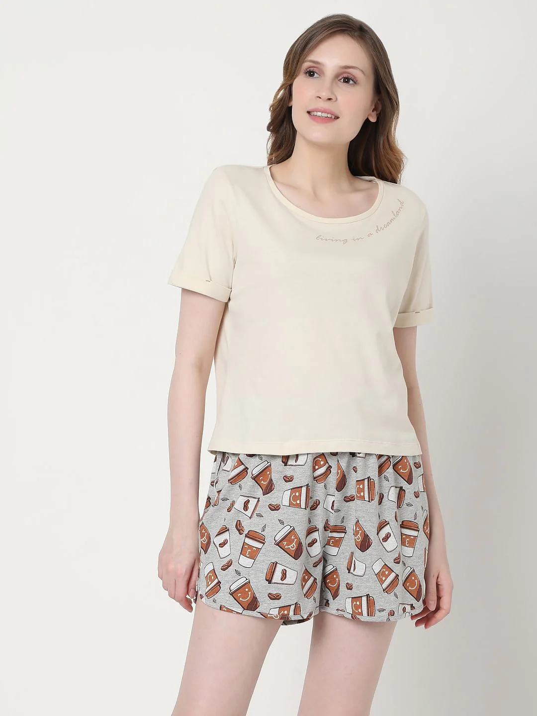 Beige & Grey Coffee Cup Print T-Shirt & Shorts Set - Image 2