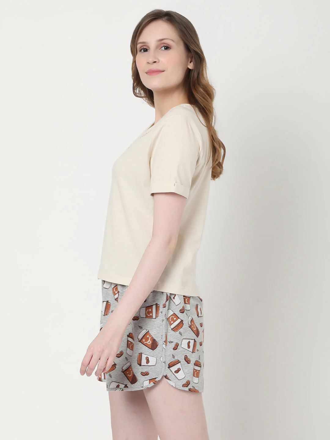 Beige & Grey Coffee Cup Print T-Shirt & Shorts Set - Image 3