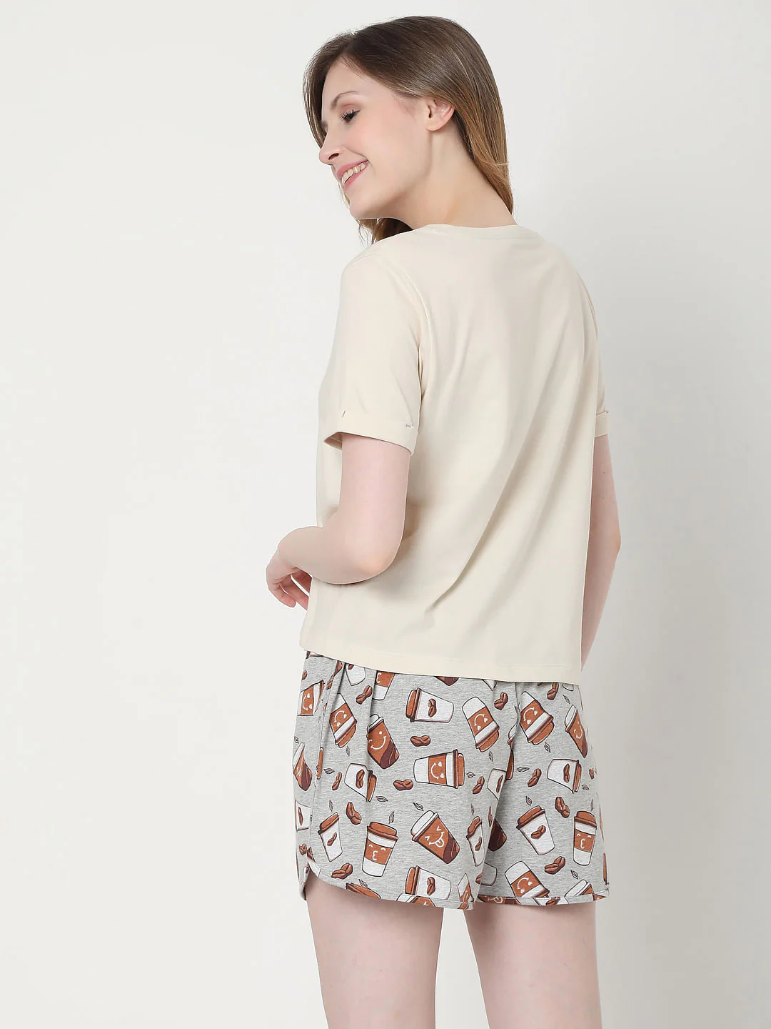 Beige & Grey Coffee Cup Print T-Shirt & Shorts Set - Image 4