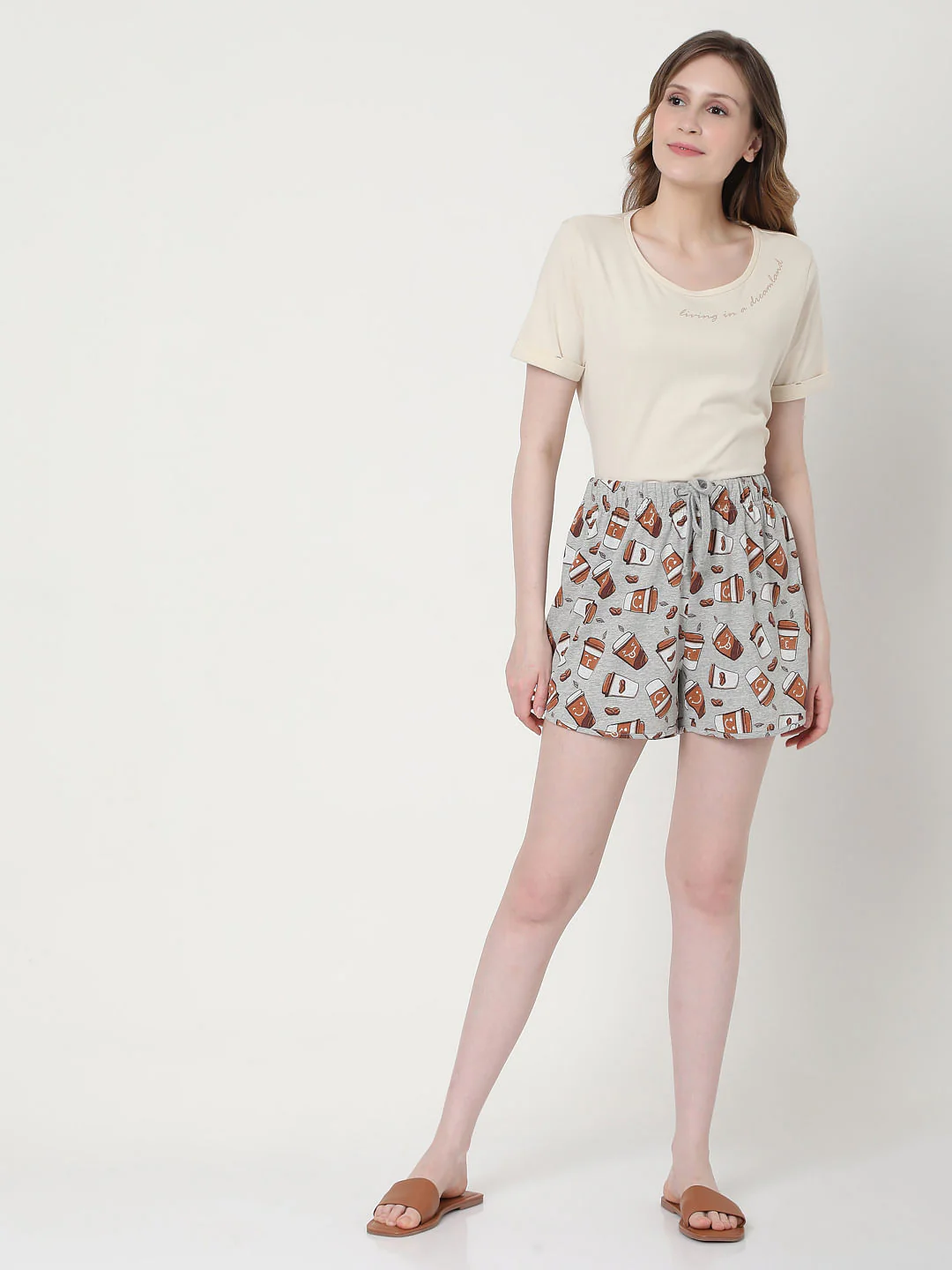 Beige & Grey Coffee Cup Print T-Shirt & Shorts Set - Image 5