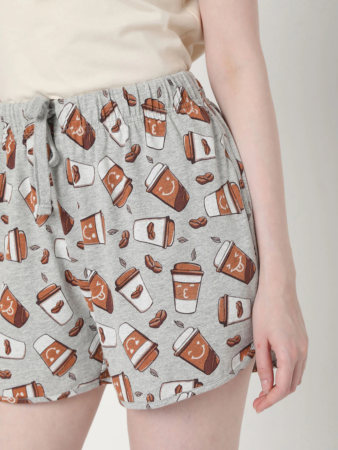 Beige & Grey Coffee Cup Print T-Shirt & Shorts Set - Image 7