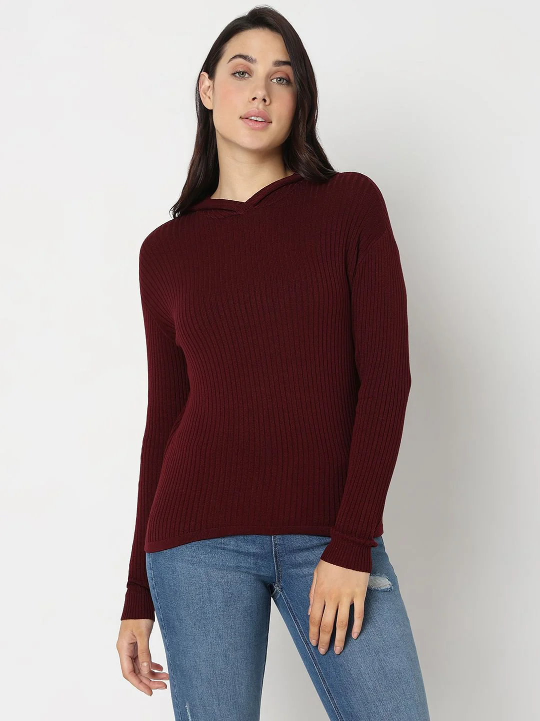 Maroon Ribbed Knit Hooded Top - Image 2