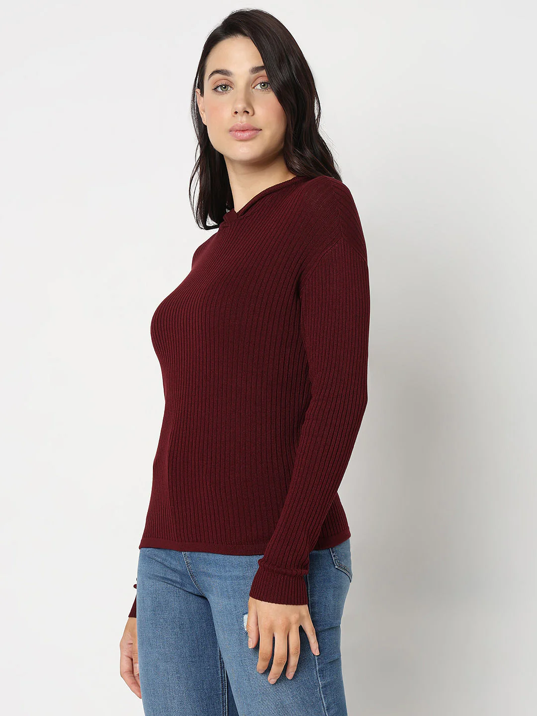 Maroon Ribbed Knit Hooded Top - Image 3