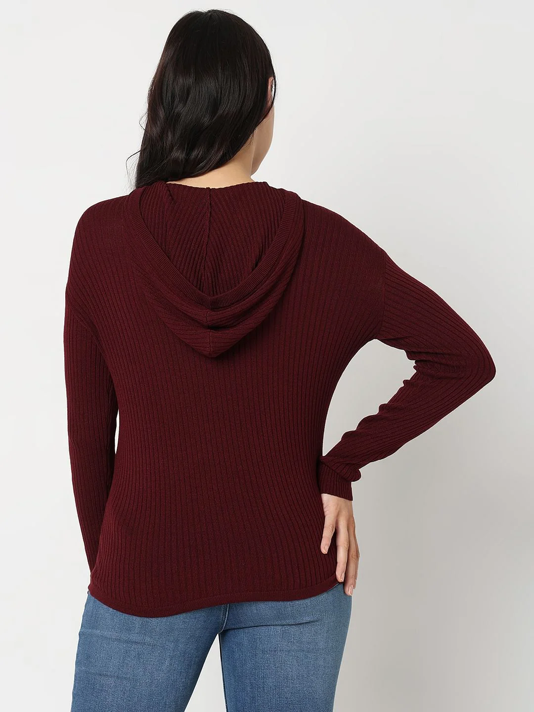 Maroon Ribbed Knit Hooded Top - Image 4