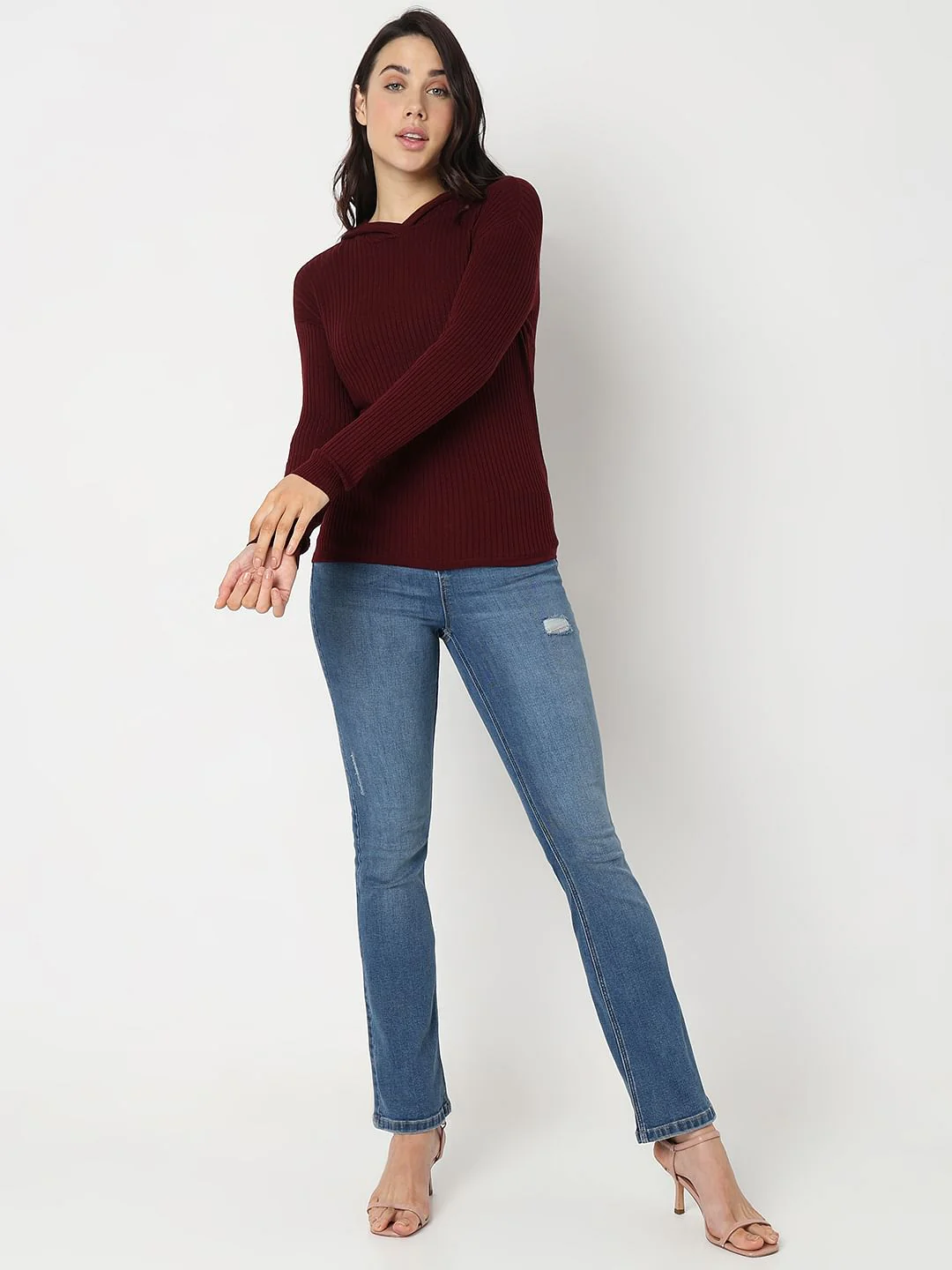 Maroon Ribbed Knit Hooded Top - Image 5