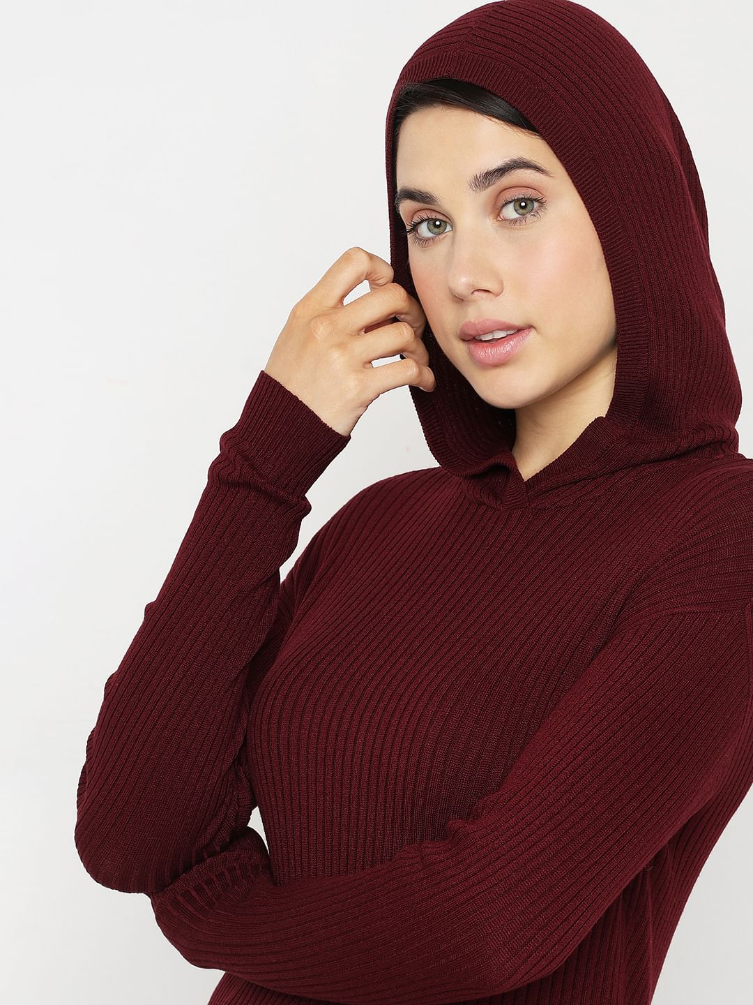Maroon Ribbed Knit Hooded Top - Image 6