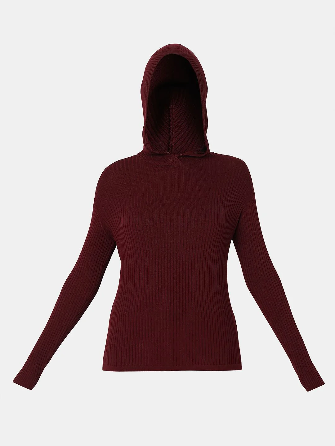 Maroon Ribbed Knit Hooded Top - Image 7