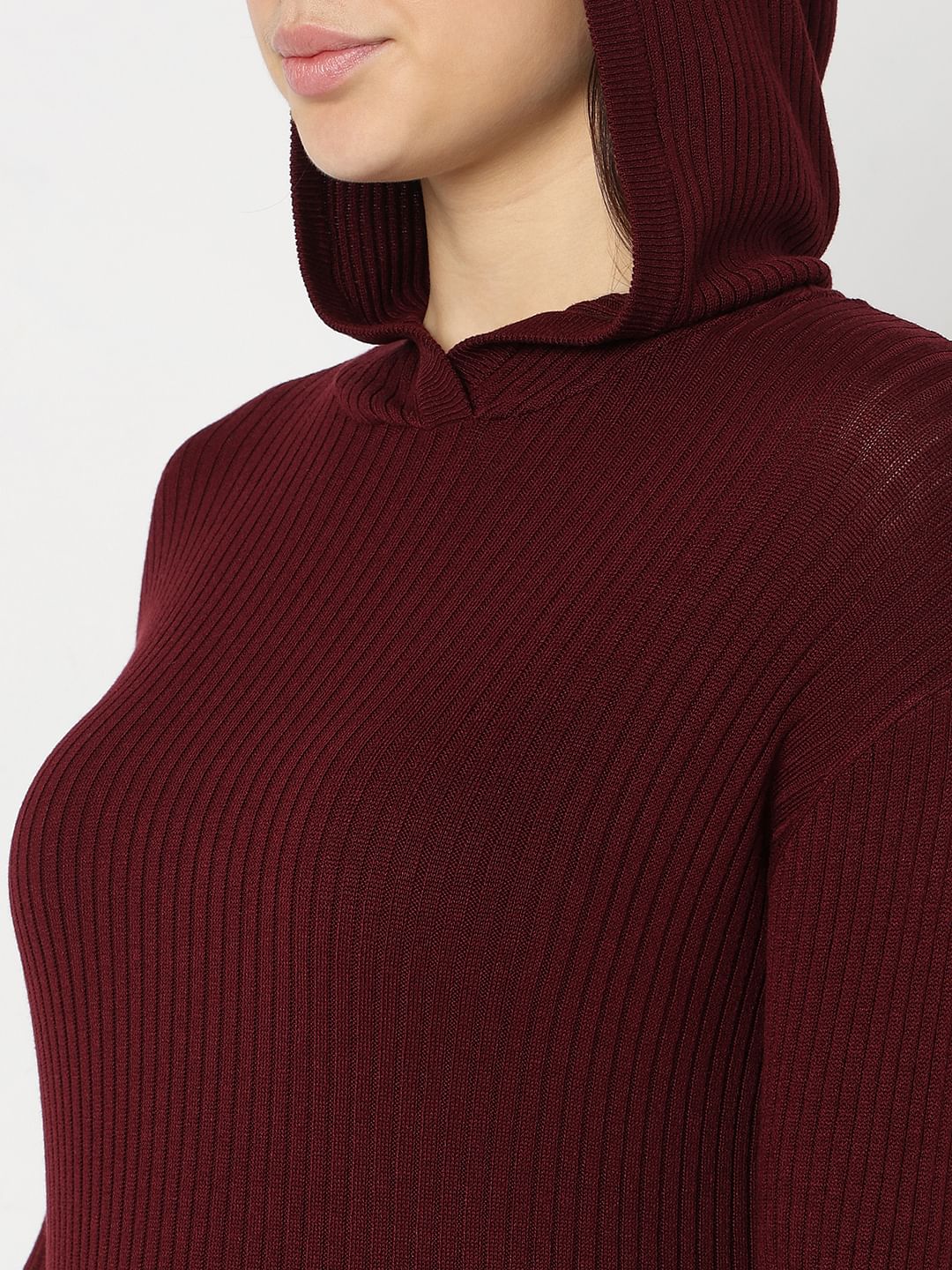 Maroon Ribbed Knit Hooded Top - Image 8