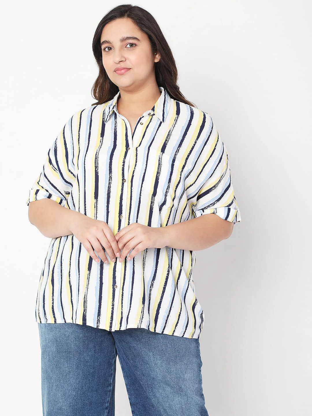 Curve White Asymmetrical Striped Shirt - Image 2