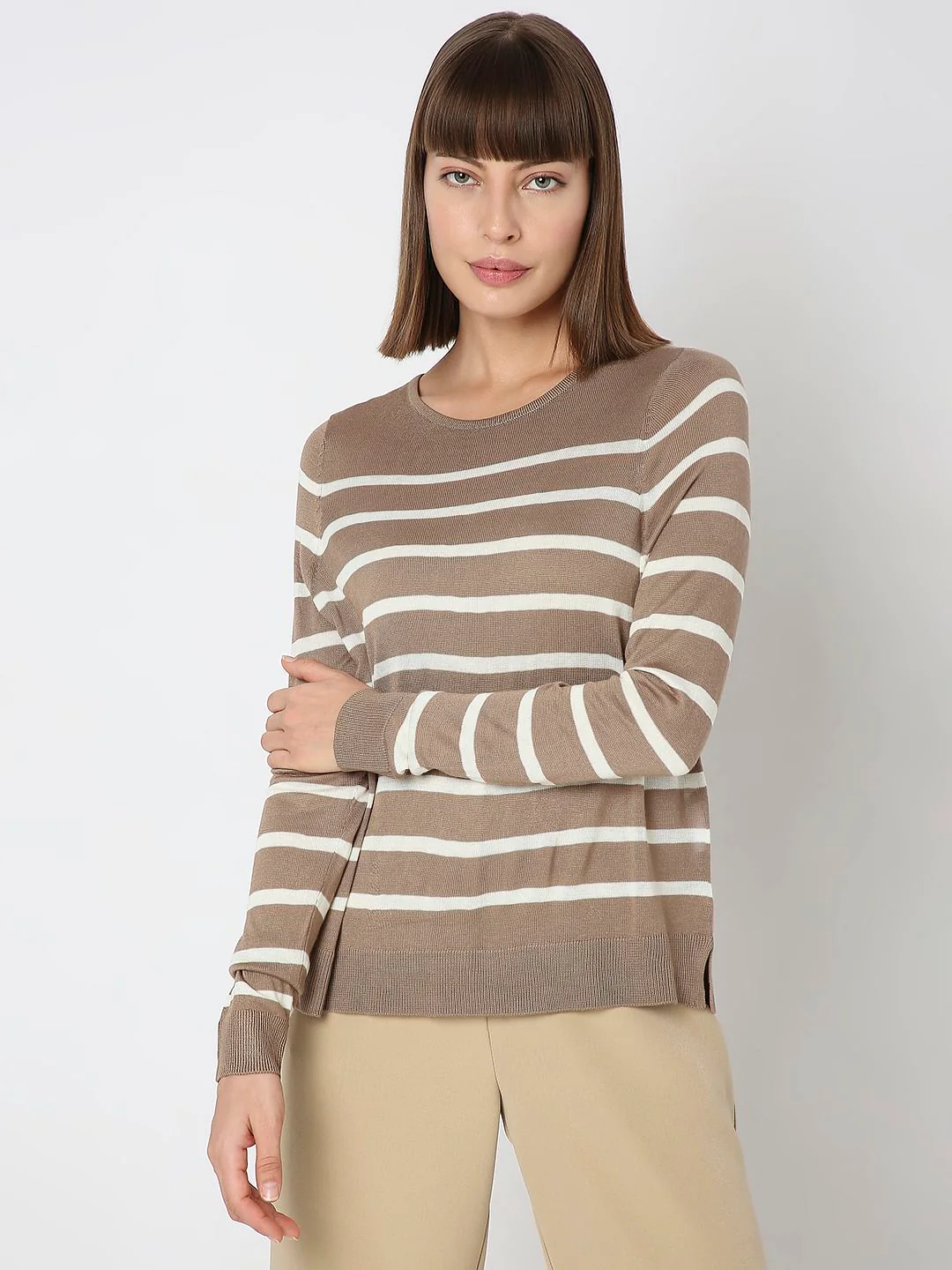 Brown Striped Flat Knit Pullover - Image 2