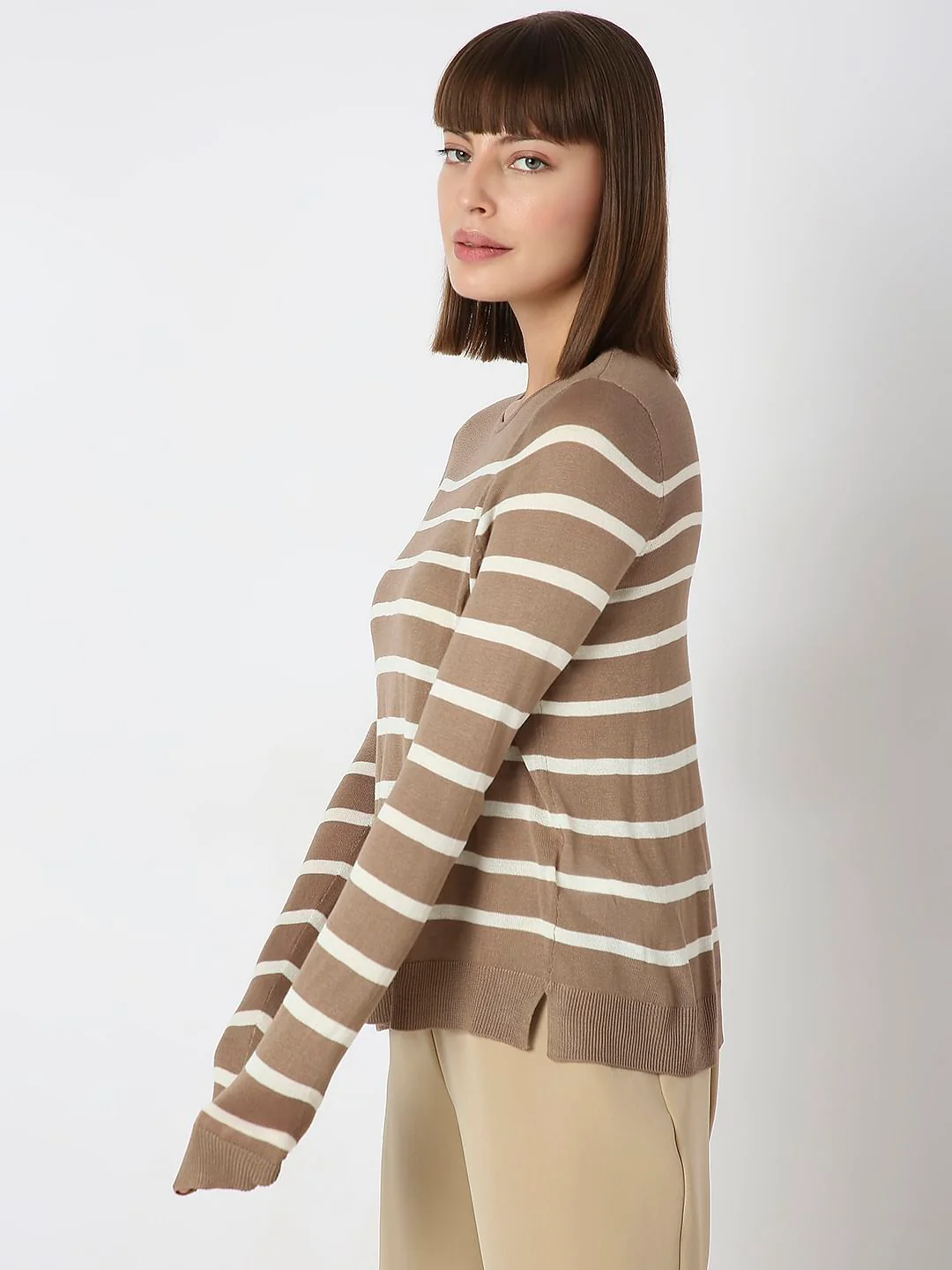 Brown Striped Flat Knit Pullover - Image 3