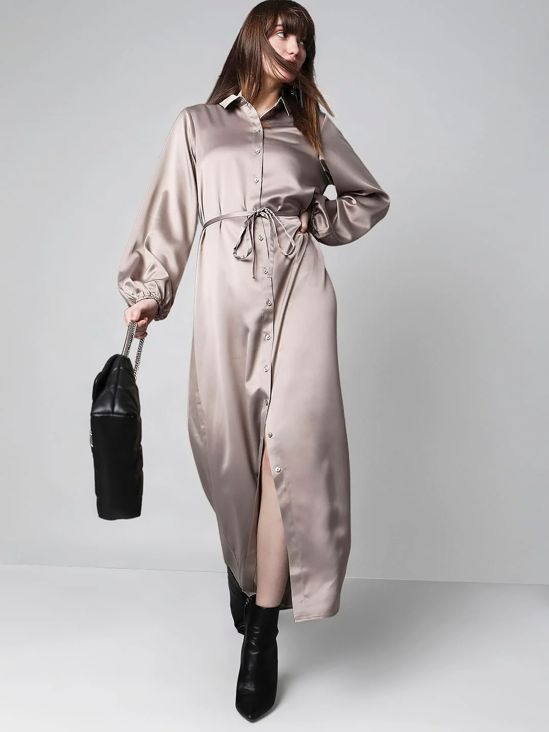 Dull Champagne Satin Maxi Shirt Dress