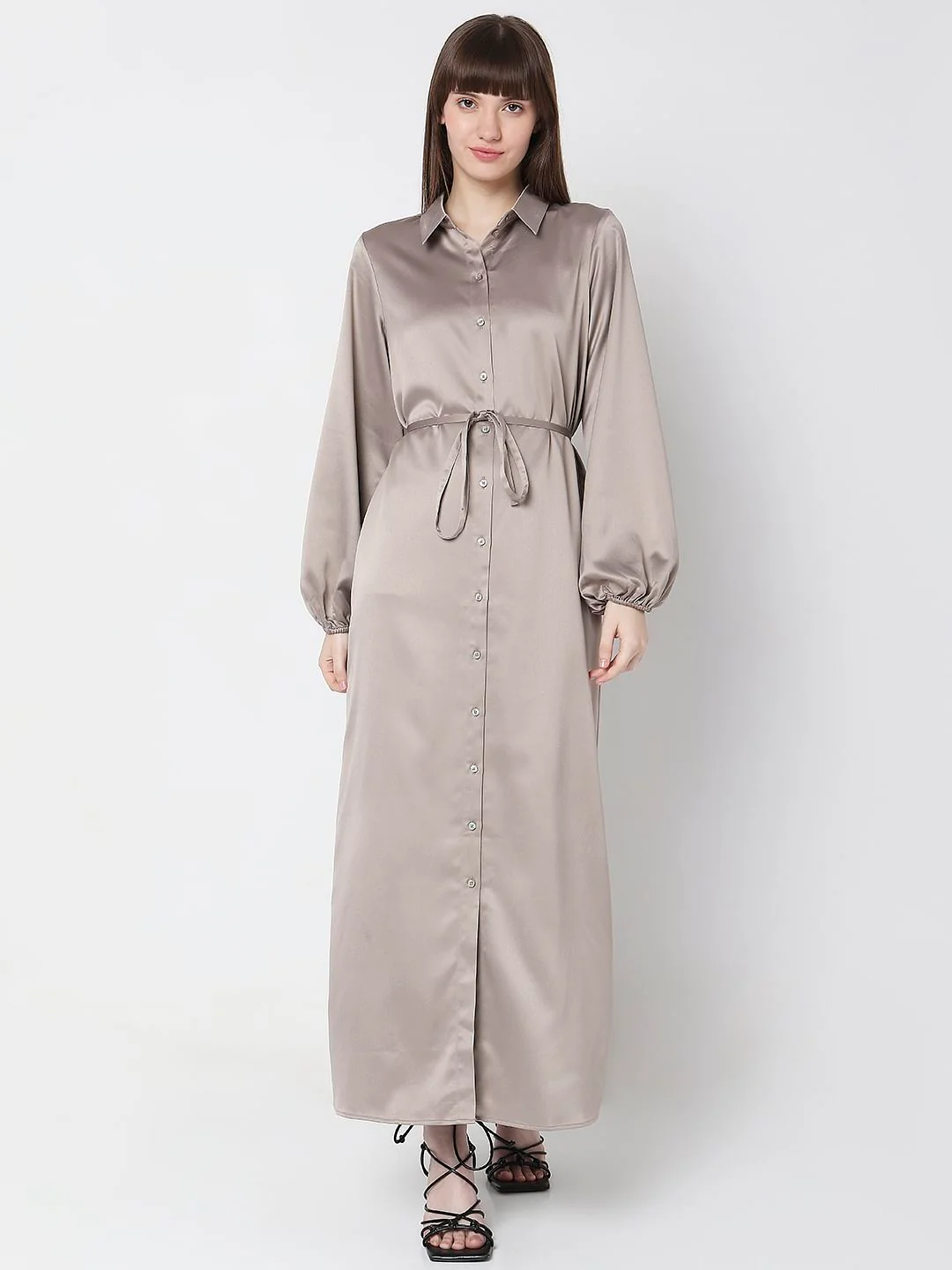 Dull Champagne Satin Maxi Shirt Dress - Image 2